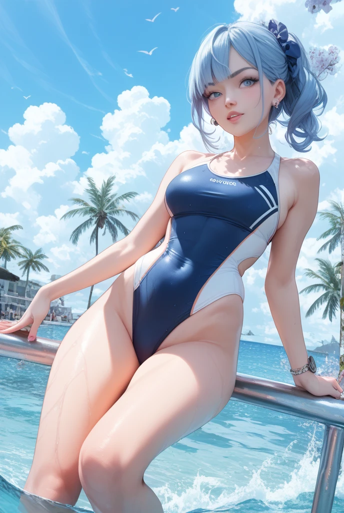 (Super detailed、Ultra-high resolution、8K masterpiece、Vibrant colors)、((Flat Color))、((Floating water))、summer、Poolside、 A woman in a sexy swimsuit、(Angle from below)、(Golden chains on body、Golden handcuffs)、Random Sexy Poses、Sweaty、 ((body paint、Pop tattoo on thigh))、Big Breasts、Spread your legs、 (Tight swimsuit、choker)、cameltoe、Beautiful hip line、Butt、nude、 (Twin tails、Vermilion, blue, silver, golden hair、hair ornaments)、Beautiful blue eyes、Beautiful red lip、(fun)、 TWICE's Tzuyu' on pause