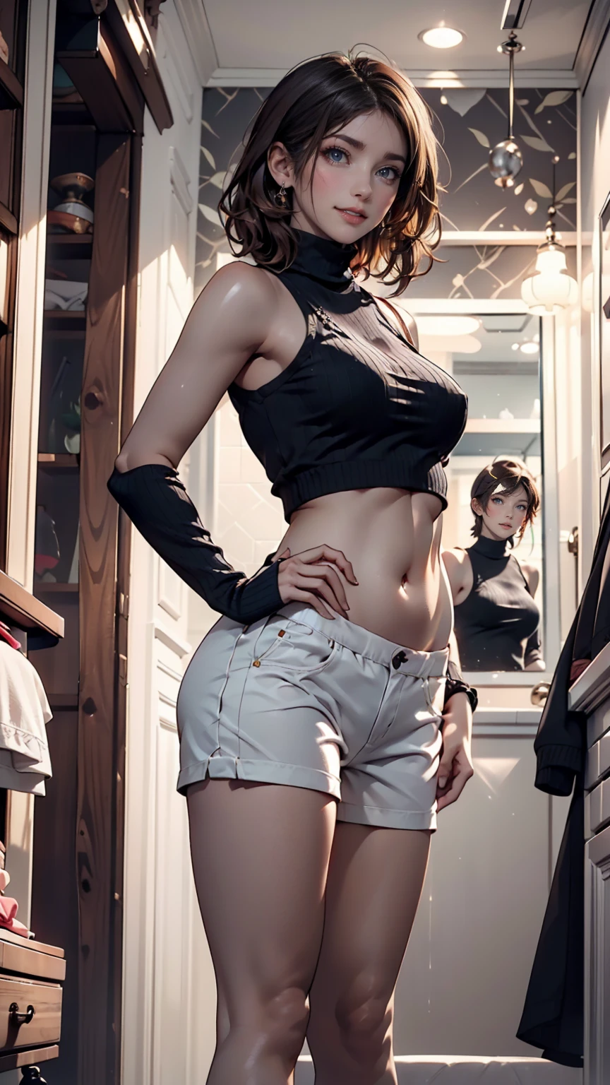 Stunning beauty young girl, short black hair, red pupils, Wearing only underwear, knee socks, and sneakers. Beautiful navel, beautiful thighs, beautiful legs. Looking at Viewer, Smug smile. HD image, wide angle, full body, top to toe, very detailed anatomy, very detailed clothes, very detailed background, a masterpiece.