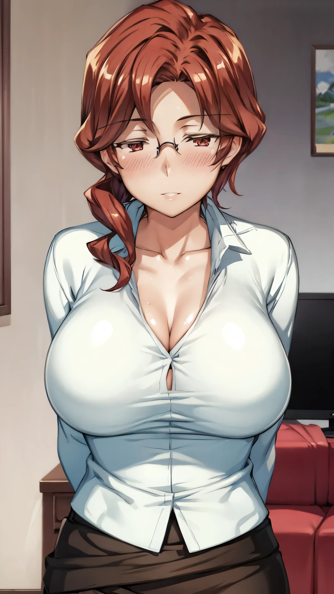 android21, 1girl, solo, blue eyes, brown hair, long hair, curly hair, hair between eyes, jewelry, hoop earrings, glasses,
Nude, naked, pussy, lab coat, black pantyhose,
smile,closed mouth,cowboy shot, bedroom background, blushing, Big breasts, bent over, thick legs, sitting on bed, arms up, nipples visible
(insanely detailed, beautiful detailed face, masterpiece, best quality) cinematic lighting,