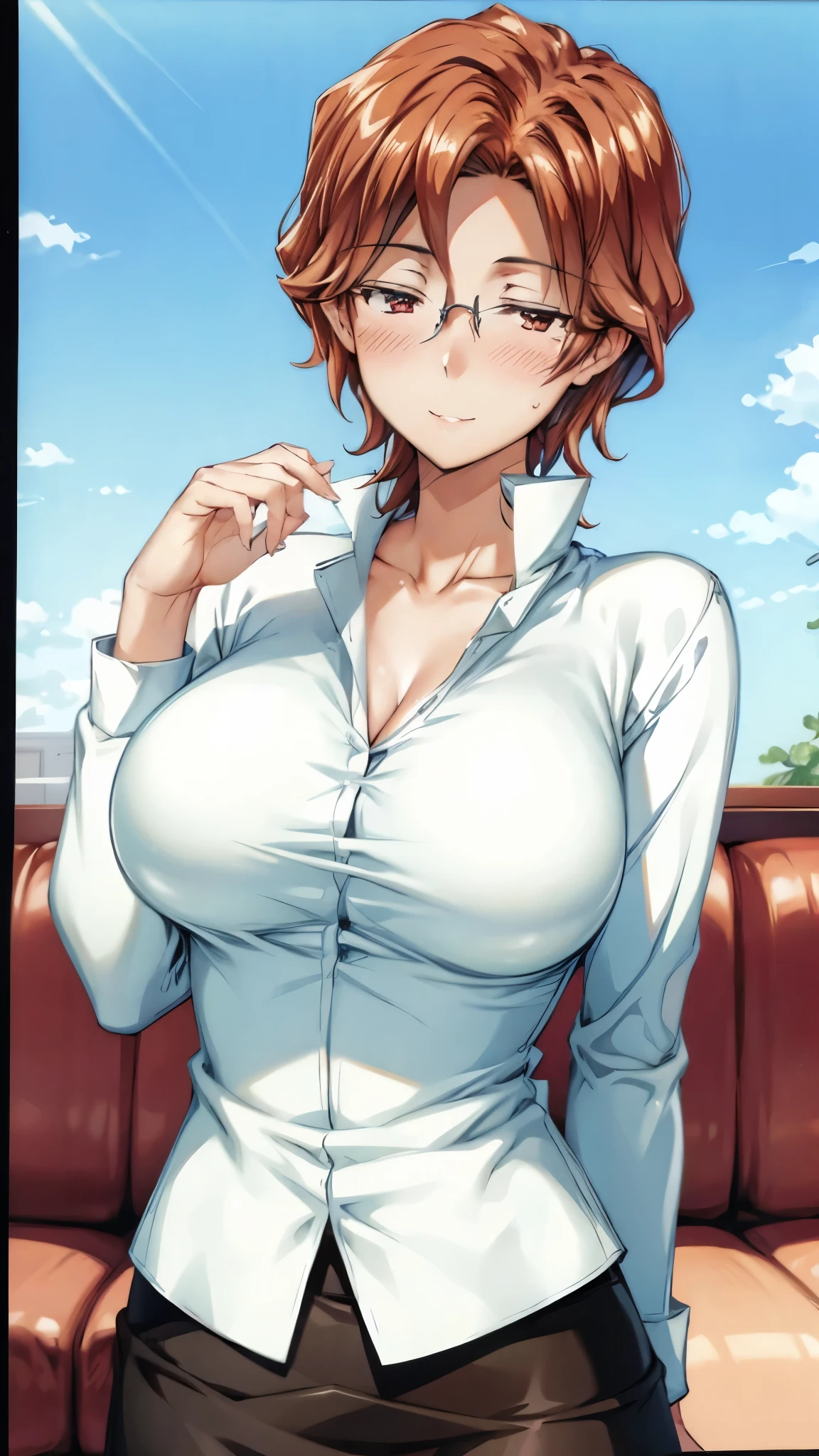 Realistis， 1girll， parted lip， Blushlush， putting makeup on， slim， Perfect body， Shallow smile bedroom background ， wetclothes， with light glowing， upper legs， eBlue eyes， exposed bare shoulders， 鎖骨， a narrow waist， rays of sunshine， rays of sunshine， rosette， ventania，， （tmasterpiece）， sweat leggs，1个Giant Breast Girl, Brown hair,short detailed hair,eBlue eyes,full bodyesbian,Wearing a white shirt and black skirt，V-chest clothes, see-through cloth, Elegant and seductive posture, mesmerizing and seductive, stunning elegant pose, very attractive and beautiful, posing elegantly, Revealing stylish dresses, V-chest clothes, sheerness, Elegant and smooth body, Tempting, Clothing that exposes(tmasterpiece, Best quality at best, high qulity, A high resolution, ultra - detailed)
