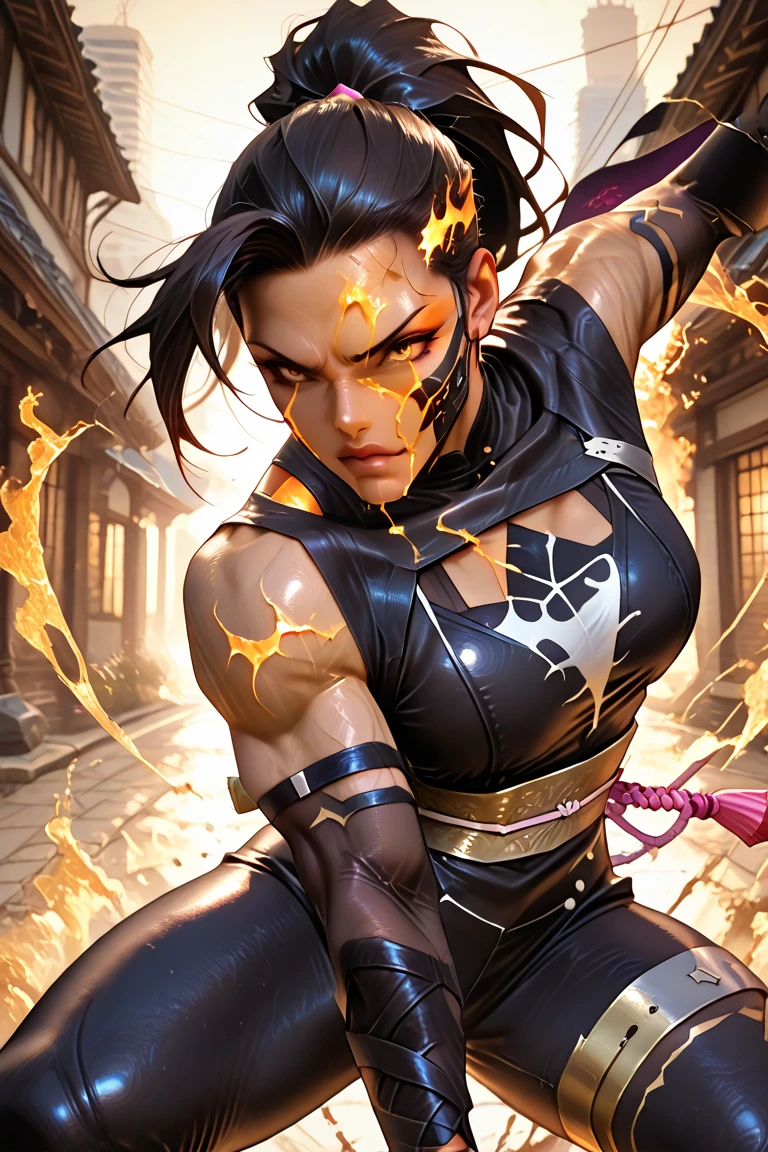 (high resolution, pixel perfect, gorgeous illustrations), (hyper quality, muste piece, etheric: 1.4), ((nsfw)), (((cowboy shot))), face focus, ((1girl)), (((boyish))), (((((punk))))), hot Rocker punk girl, ((((sexy pose, open stance)))), cool atmosphere, black hair, ((((very_short_hair, slicked_back_hair)))), (((piercing))), eyelid_piercing, nose_piercing, (((Exquisite face, aroused))), blush, ((black_lips)), (gothic_makeup), tattoo, ((((muscular_female)))), (ideal ratio body proportions, slender, flat chest), fighter, ((((nobunaga)))), ((highleg_leotard_armor)), (((cameltoe))), shiny skin, gleaming skin, simple background,