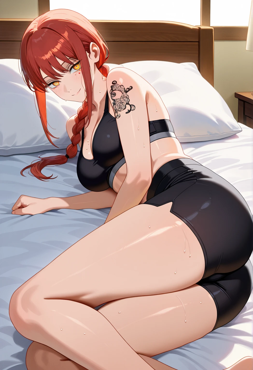 (masterpiece), best quality, female warrior, huge girl, female muscular:1.2, straight hair, ginger hair, (curvy), (((blank background))), ((full body)), fingerless gloves, barefoot, sleeveless, medium hair, thin hair, (very short skirt), blunt bangs, ((wide spread legs)), (lying in bed), (thick thighs:1.3)