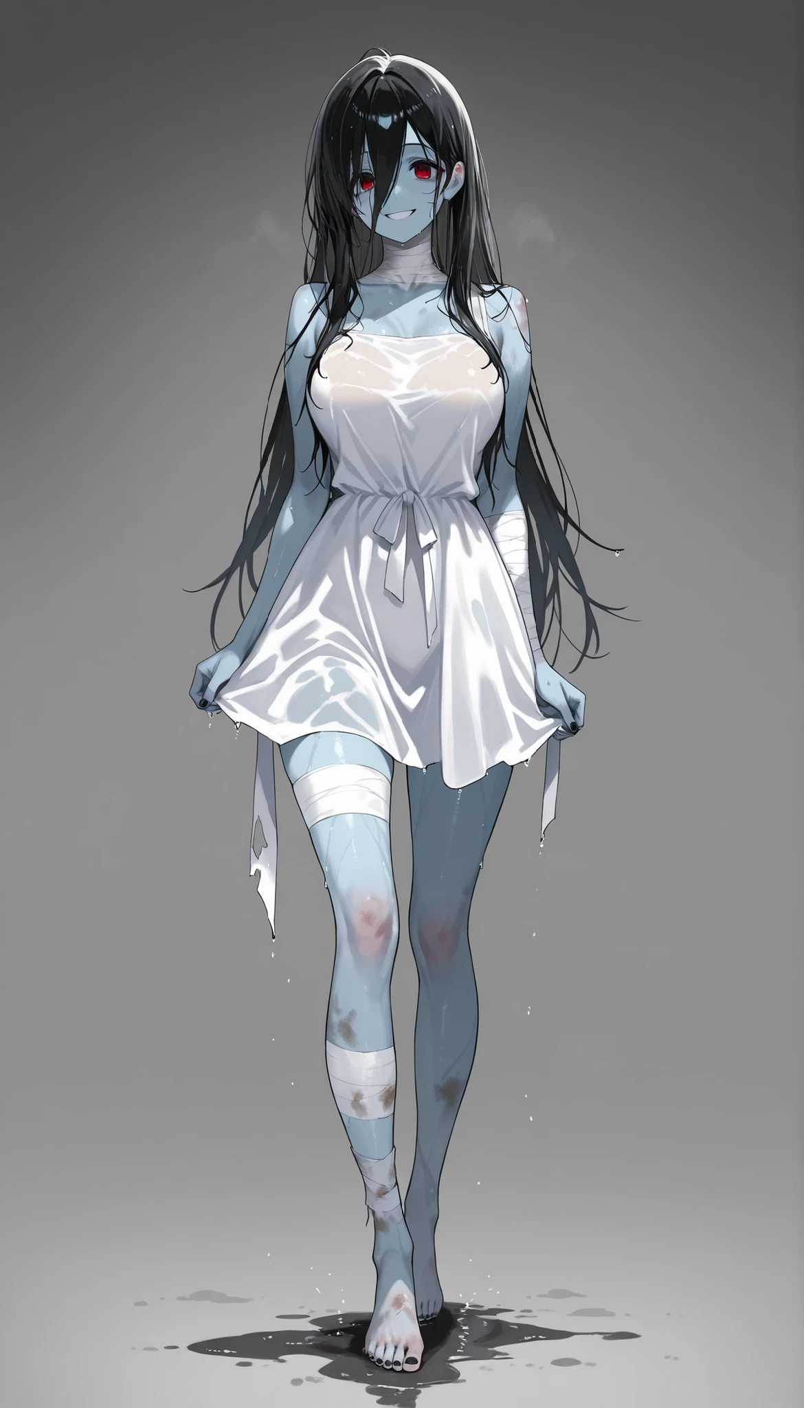 score_9, score_8_up, score_7_up, score_6_up, best quality, 8k, masterpiece, simple background, full body, solo, yamamura_sadako, wet, dirty, white dress, hair_between_eyes, black_nails, long_hair, black_hair, red_eyes, bare_shoulders, thighs, smiling, bare_feet, bandaged_neck, bandages, colored_skin, blue_skin, zombie, standing,
