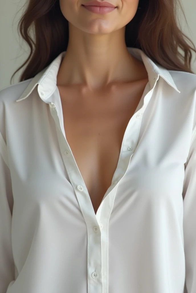 Young adorable girl, perfect young face, slim body, little perky breast, realistic nipples, semi transparent button up shirt, showing cleavage, thong,