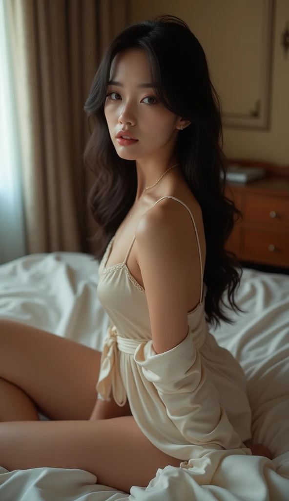 8K, Masterpiece, highly detailed, intricate detailed, ultra sharp focus, blured background,
A hyper realistic of a beautiful young Japanese girl that has sexy body, long legs, light brown long wavy hair, wide thigh gap, sexy red moist lips, light smile, real sexy body, sexy legs, sexy butt, big hips,
sexy white spaghetti strap mini transparent dress, crawling on all four, backpose cowgirl position on hotel's bed, show your butt, cinematic color tone, soft front lighting, bright skin, real skin texture, black round glasses, ((crawling on all four, back shot:1.5))