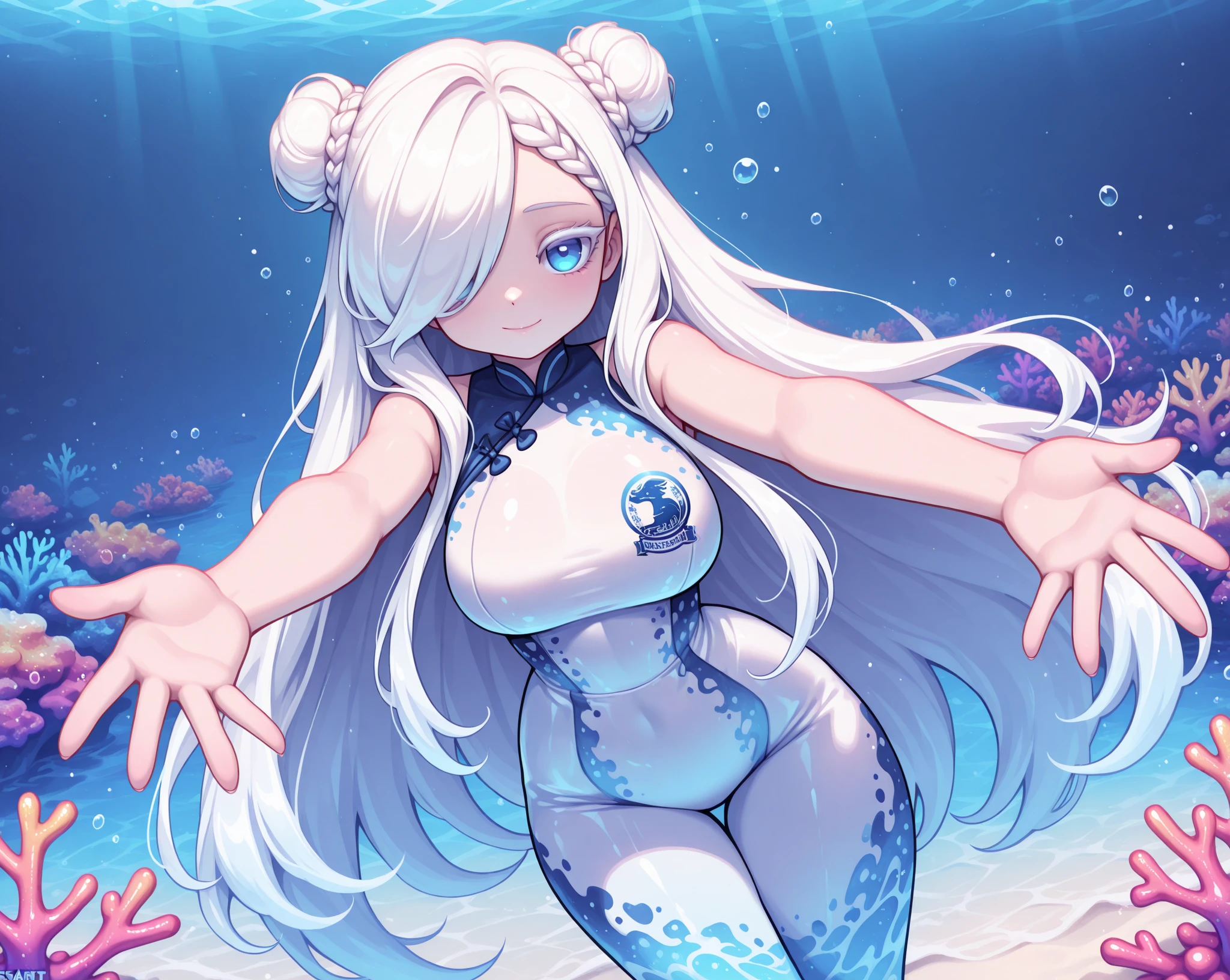 beautiful girl Light blue manicure Fair skin Five fingers Beautiful fingertips Delicate hands Spreading fingers Hands up on the screen There is a floating ring Overall refreshing White Hair blue eyes S-pose Big Breasts Swimsuit Red sandals Blue swimsuit Slender body 風になびくWhite Hair Have a float Red heart pattern on cheek High quality My eyes are visible through my bangs Delicate painting Double eyelids Clean lashes The whole body is shown Watching the audience