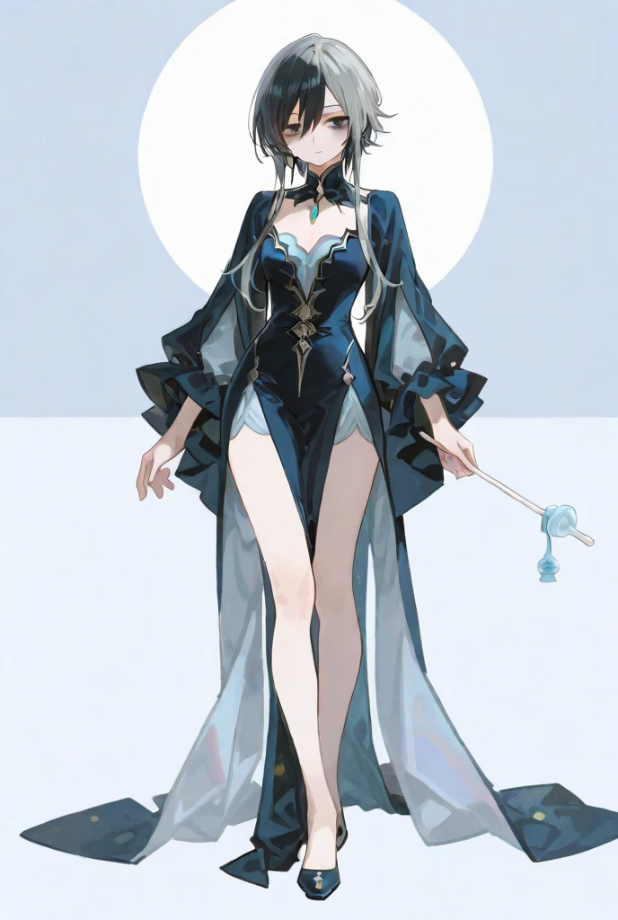 score_9, score_8_up, score_7_up, aurora (league of legends), 1girl, blue eyes, bunny ears, freckles, bangs, braid, sexy, sensual, full body, long dress and pompon, with black veil, round glasses, earrings, black hair, long eyelashes, big bust, platform shoes