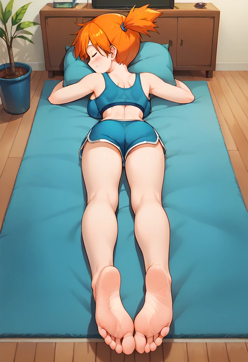 masterpiece, best quality, highres, nishikino maki,purple eyes, red hair, sideboob,one-piece swimsuit,low cut at hips, laying on side ,on bed, looking at viewer , (love live,:1.2),Sexual seduction