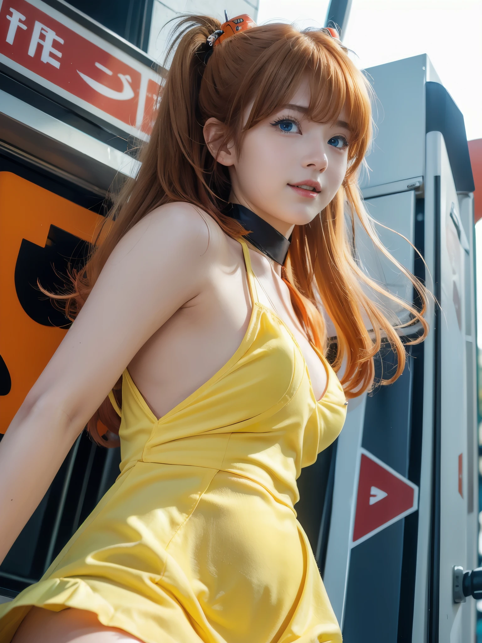 Ringo \(Toho\), Blonde hair, short hair, Taxi drivers hat, Orange shirt, Navel, Rabbit ears, Red eyes, Clavicle, Embellished dress, Yellow pants, Big breasts, Detailed face, Detailed eyes, Detailed poem
