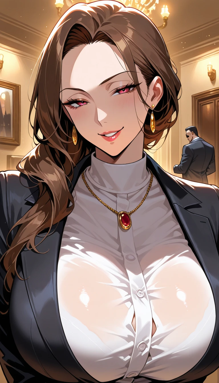 <lora:aa_miafey-11:1> mia fey, formal, jacket, pencil skirt, scarf, magatama necklace, earrings, cleavage
masterpiece, best quality, absurdres, office, confidant expression, dominant female, smile, reading book,