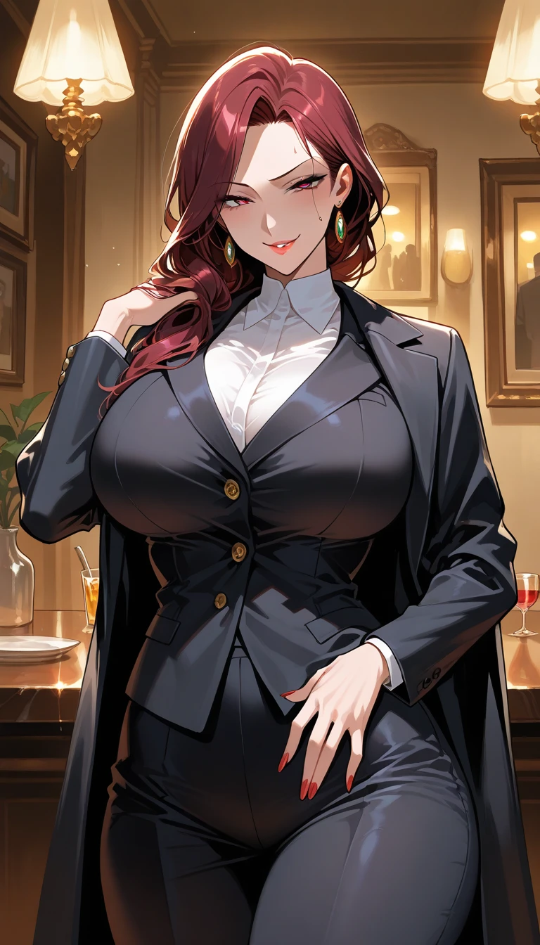 sexy milf, orange hair, wearing a black business suit that hugs her extreme hourglass figure