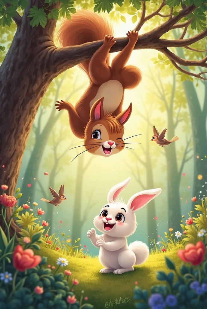 “Brown squirrel perching upside down on a tree branch grinning at white bunny, who’s smiling up with wide eyes, forest filled with light rays and birds, warm and whimsical cartoon illustration