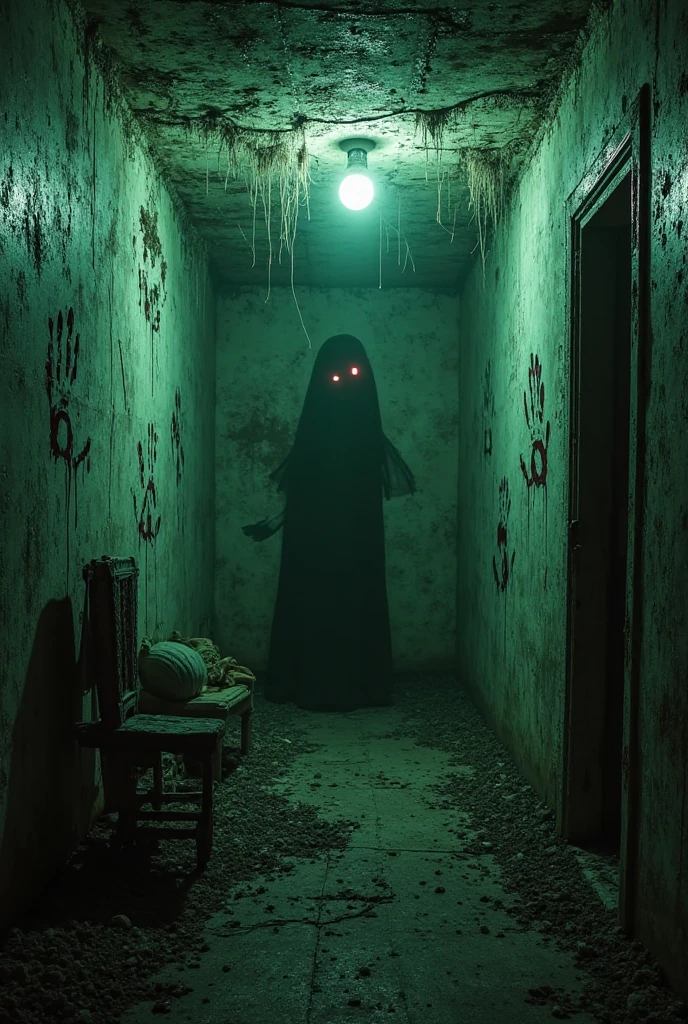 A gloomy hallway with a dark shadow at the end, while a sinister hand-cranked music box lies on the floor.