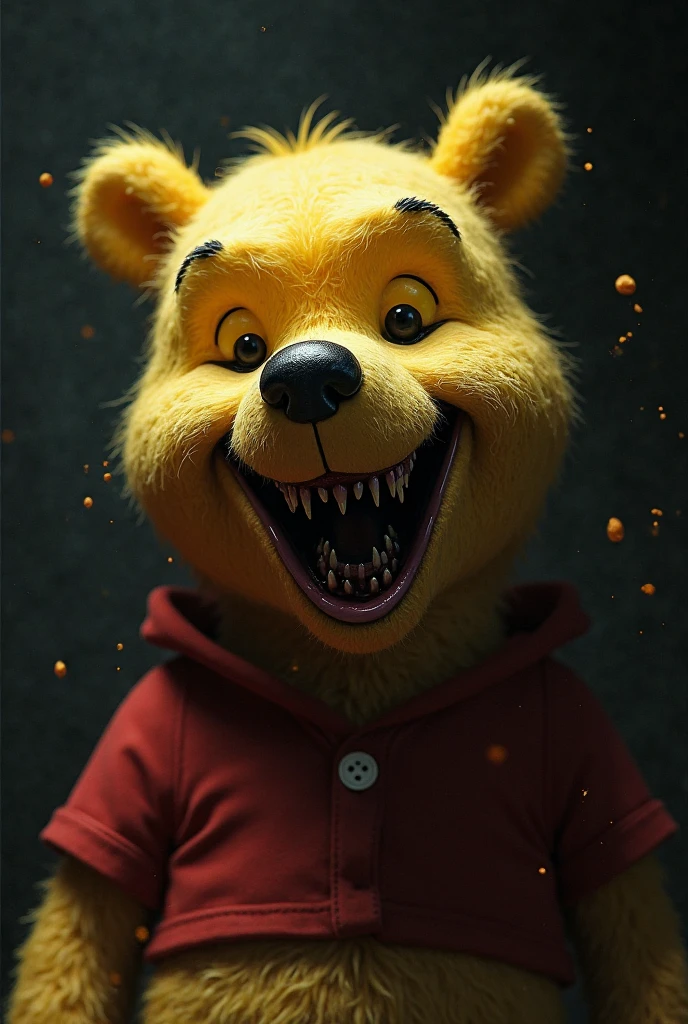Caricature of whinnie the pooh, realistic, 2d, with bloody sharp teeth
