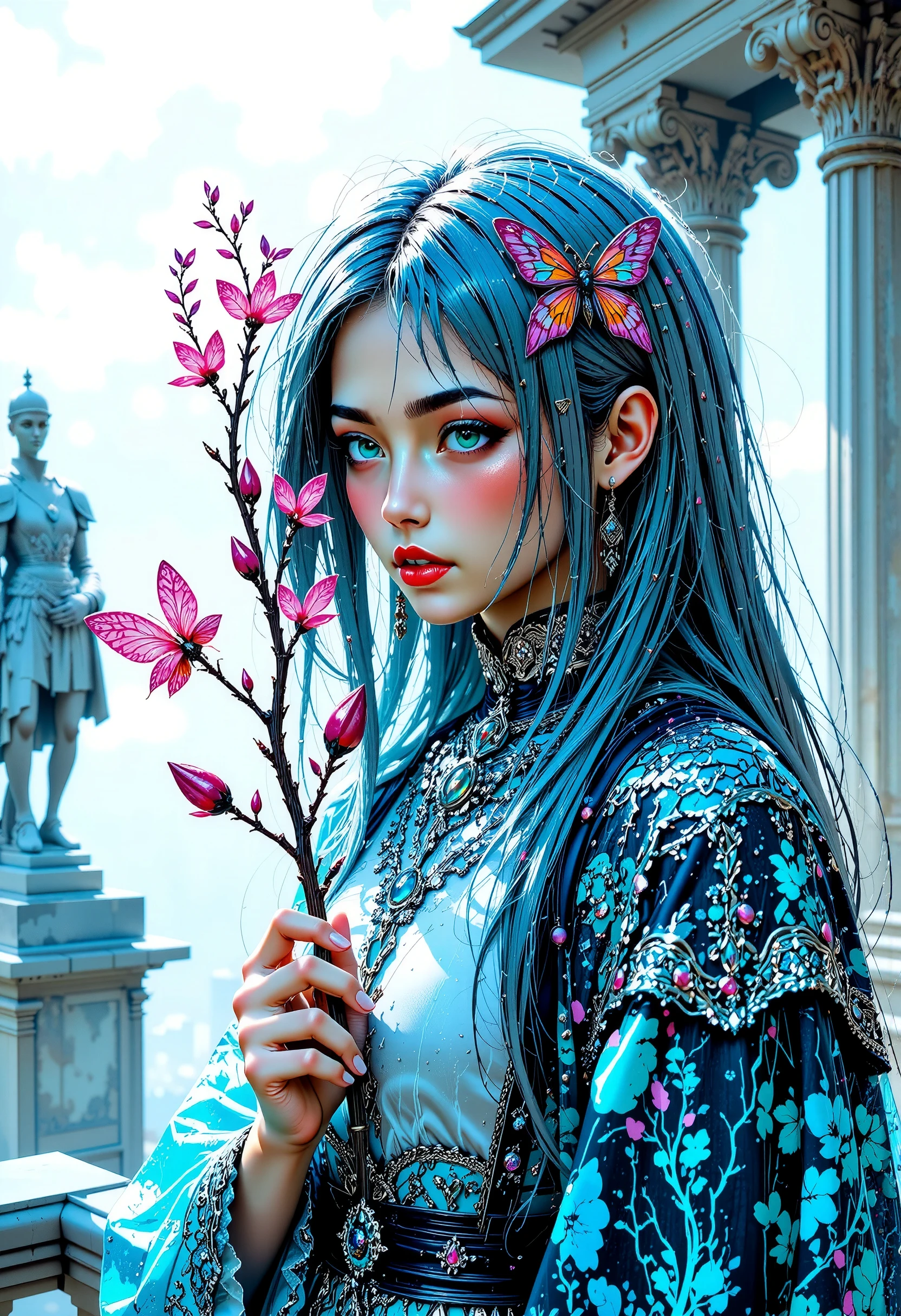 Beautiful Snow White and Sexy, The hair looks like silver, в ее руках красивый Хрустальная Ветвь на которой весят не большие абрикосы они сверкают magicм, The girl looks intently at a beautiful branch, Her outfit is beautiful and fits her beautiful body, jewelry complements her look, easy makeup, gentle light, passion in the form of hearts against the background, is a beautiful with a cold look who was attracted to a branch of magic and magic, in her hair is a beautiful dragonfly clip, beautiful marble columns, и gentle light теплой ночи, delightful , masterpiece, great , difficult details, better quality, 8k, high-quality details, fantasy style, Fantasy, magic, magic, mystery, attractiveness, Charm , ray tracing, Digital detailed processing, Точность, high professional Fantasy structure,