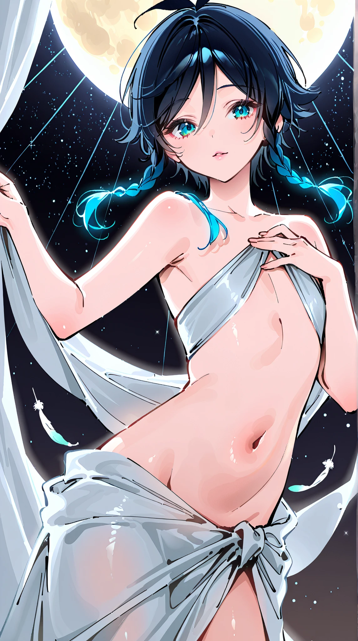 princess cut、black hair, bright eyes, naked, 光沢のあるnipple、(masterpiece),(highest quality:1.0), (ultra high resolution:1.0), Detail view, 8K, anime, masterpiece, brown eyes、nipple、provocative look Blushing wavy hair very big breasts Fair skin Very detailed breasts Very detailed eyes beautiful starry sky、grassland、thick eyebrows、one girl,grasslandの背景、Blue sky、show off breasts、