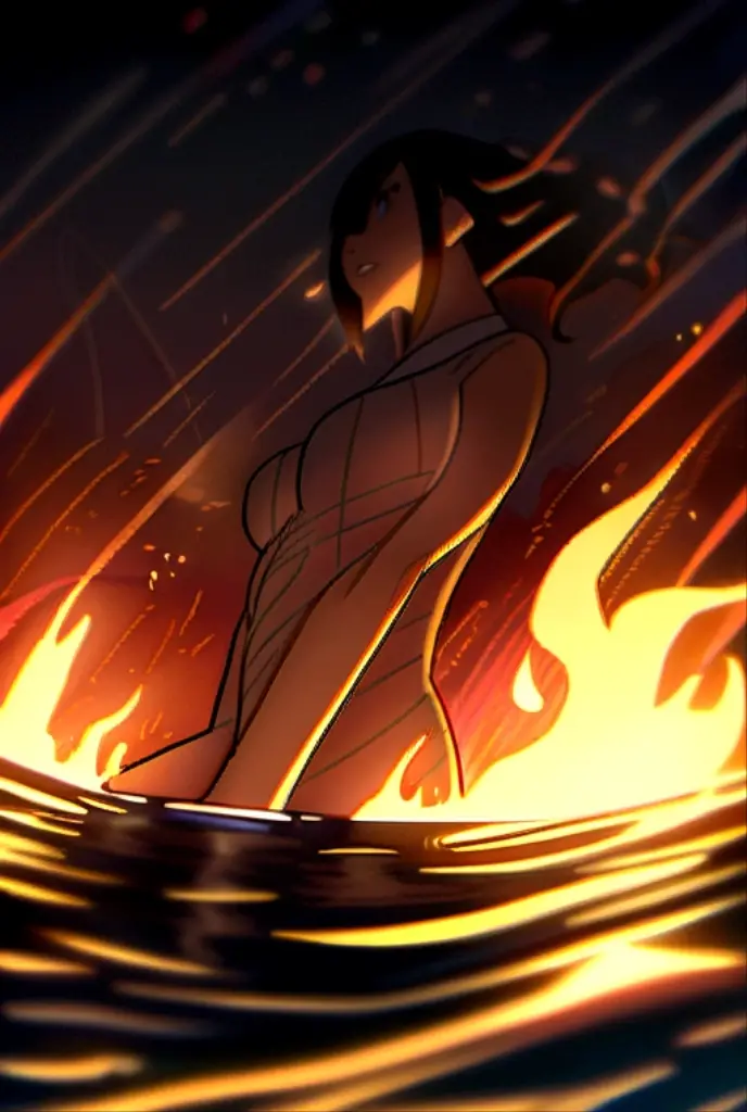 Eating, beautiful african woman 40 years old short curly hair. defined body. defined abs. BIG ASS. wearing a black cropped tank top and military pants. ankle bandage. is sitting by a fire. is in a cave. is exhausted. she lies down on the floor to rest. art drawing. image angle on the back