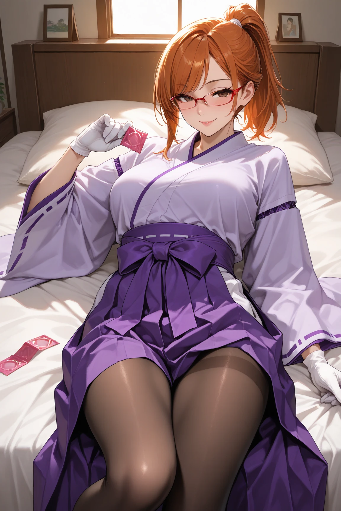 (Highest quality:1.1), (masterpiece:1.4), (Absurd:1.0),
One Girl、1girl, 独奏, short hair, ahoge, red hair, purple eyes, purple hair, Medium chest、Looking at the audience、Bedroom、(blush:1.2)、Embarrassed expression、((pantyhose))、sit、(kimono)、(Black Panties)、