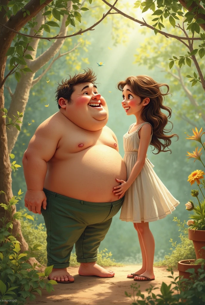A young man with an enormous big belly is sitting in the park. The man is generally fat. He looks painful. A women is sitting in front of his enormous belly and is trying to hug him. But his belly is so very big that she can’t reach him. She is caressing his belly. The young man is looking at her. The belly of the young man is taking away much of the space of the picture. They both look sad.