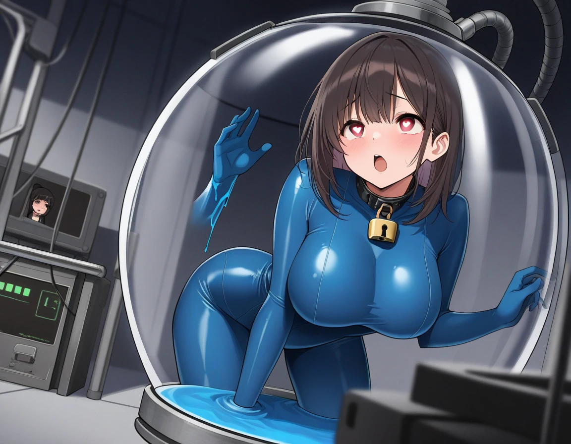 NSFW, top-quality, Top image quality, masterpiece, Ultra-detailed, illustration, pool, one-piece swimsuit, girl, short hair, black hair, slime nest, slime (substance), confinement, restrained, bondage, big slime, tentacle, transparent body, grabbing her breasts,