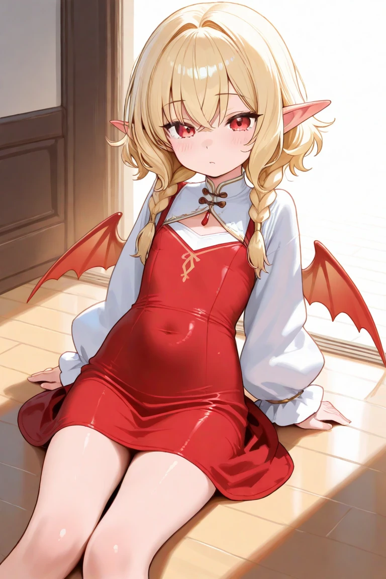 Full-body portrait、Fluffy hair、Blonde、Short ponytail、Grey sweater、Red cloak、Dragon&#39;s Tail