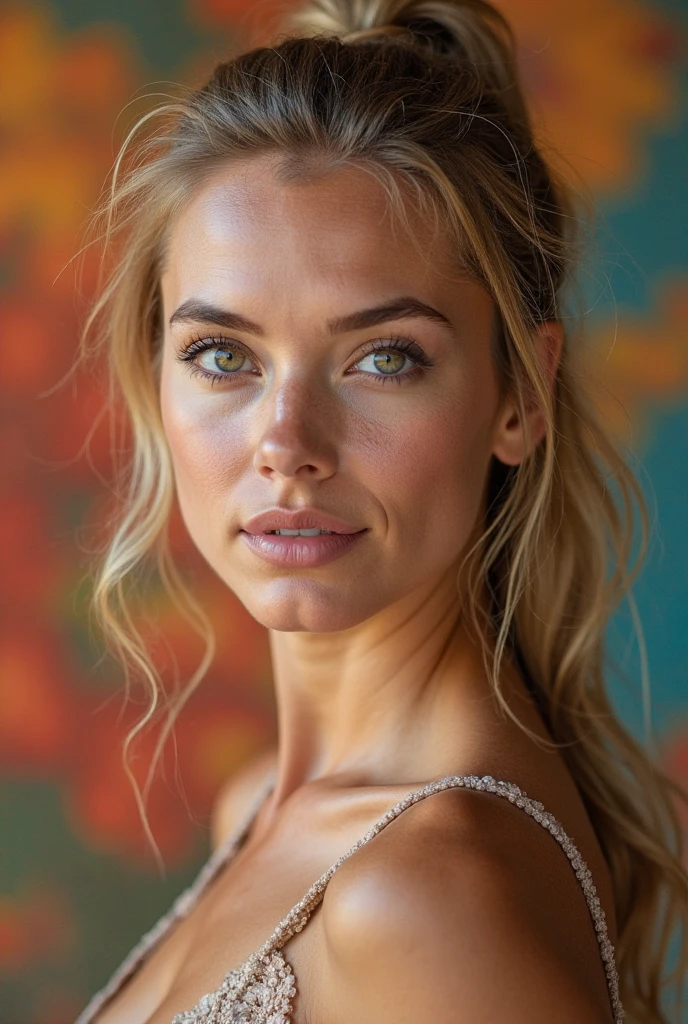 woman 30 years old hair in a ponytail collected blonde background vivid real photo