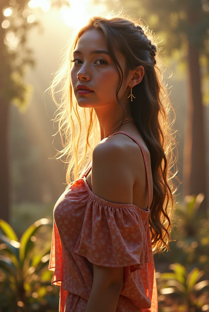 bloom, (lens flare), (8k, RAW, professional, best quality, masterpiece:1.2), (realistic,photorealistic:1.37), ultra-detailed, (24mm portrait wide angle), (anamorphic lens), ((long exposure)), (highest detailed skin:1.2), (highest detailed face:1.2), cinematic lighting, 1girl, (windy), standing on the forest, mist, sunset, warm white light, look at the camera