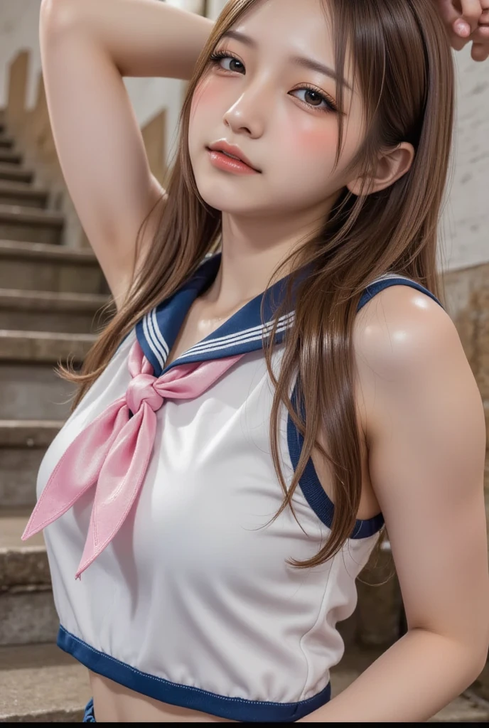 nsfw, vagina, bottomless、Sailor suit、Front facing、Undressing、Pulling down her white panties、Panties that are about to be taken off、bottomless、Short pigtails、Small breasts、Looking down、I can see her pussy、Leaning forward、the way