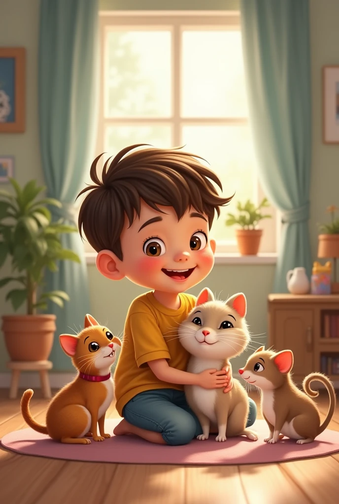 A boy and three cats
