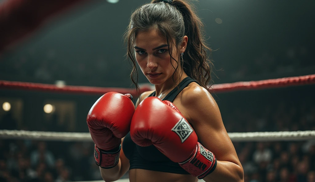 photo of a 18 year old girl,boxing,gloves,boxing gloves,annoyed,boxing ring,ray tracing,detail shadow,shot on Fujifilm X-T4,85mm f1.2,sharp focus,depth of field,blurry background,bokeh,motion blur,<lora:add_detail:1>,