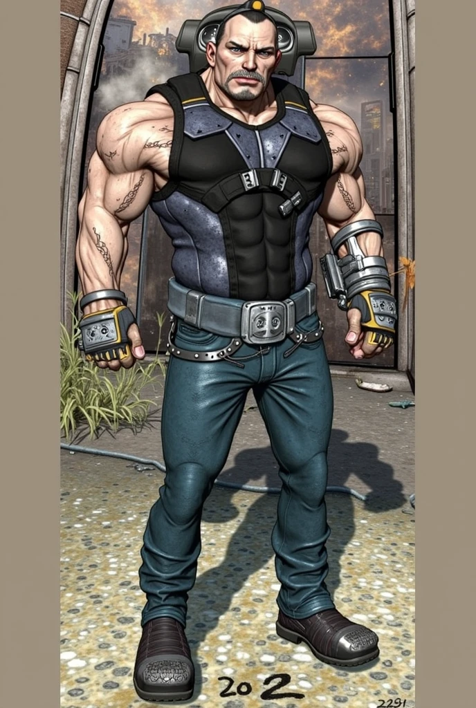 drawning, sharp colors, a strong man, zombie apocalypse style, 30years, short stature, sem beard, black goatee, Black cap, white tank top, blue jeans, Black boots, a silver-plated prosthesis on the left hand, Furiosa, white background, fully body