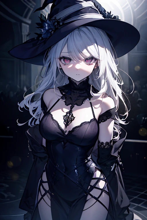 whole body, Witch Clothes, Witch Hat, absurdres, RAW photo, extremely delicate and beautiful, masterpiece, Best Quality, ultra high resolution, 32k, hyperrealistic, ultra-detailed, perfect figure, detailed description, pale skin, 20 years old, detailed beautiful face and eyes, tearful mole, earring, short medium hair, wavy hair, 