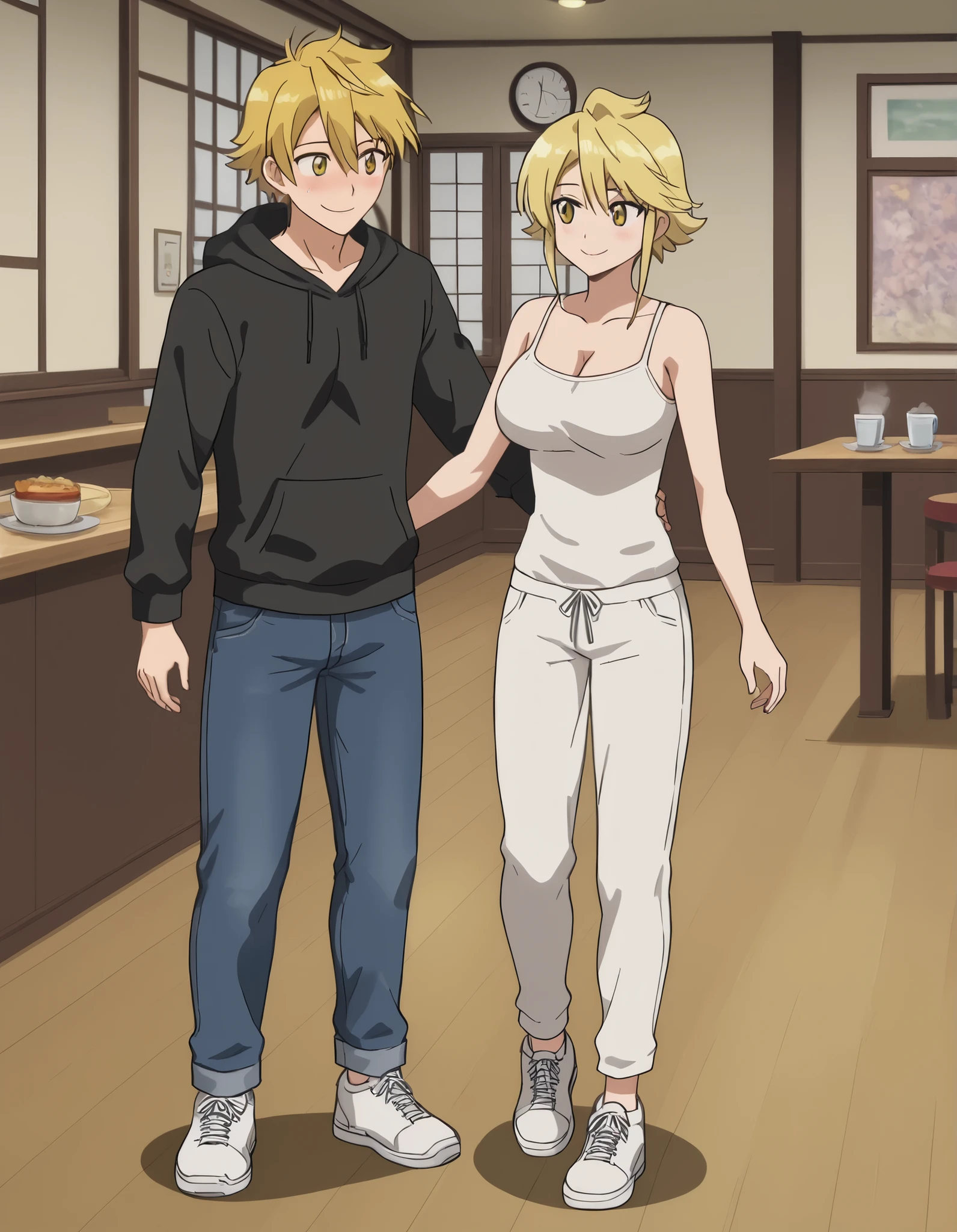 Couple male and female, anime, leone,big breasts, blush, petite smile, looking Arthur eyes, short hair, anime screencap, cleavage, yellow eyes, wearing white tanktop, jeans white sneakers, couple with arthur, arthur_pendragon_fate, blonde hair, cold gaze, cool, wearing black hoodie, loose pants brown, white sneakers, couple, cafe background, detailed face, HD