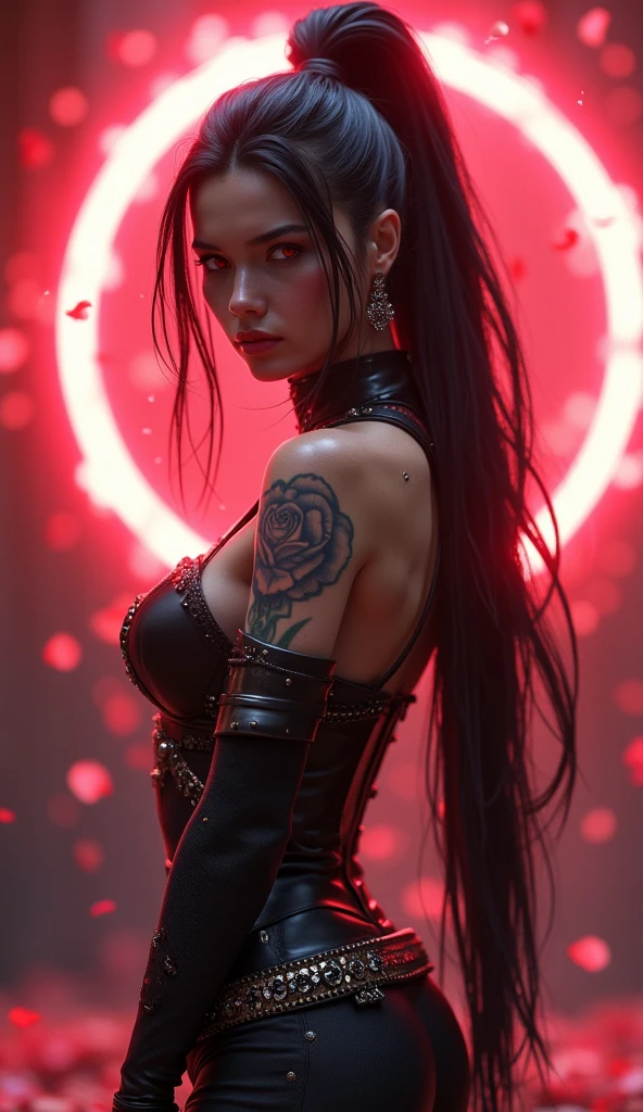 4k realistic ultra detailed photography of an athletic demonic woman, demonic woman wearing a maxi leather dress, hairstyle is a crazy braided hairstyle, demonic woman in a menacing moving standing model pose, photo background is a wall of smoke with black roses coming out of it, mood of the photography is gloomy, big lots of fiery tattoos