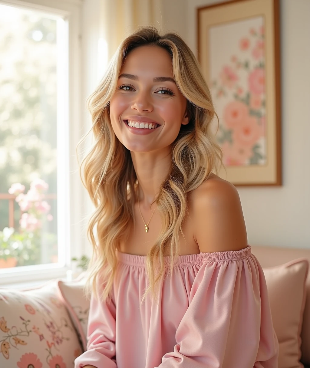 Ultra realistic full-body portrait of an European girl, RAW, beautiful woman with light brown eyes sitting on the floor, (extra long wavy hair with blond highlights), she's extremely happy, good vibes, ((portrait)), ((detailed face:1.2)), ((detailed facial features)), cute look, (finely detailed pale skin), summer dress, bokeh, vivid colors, reflections, (masterpiece) (perfect proportion), professional photo, sharp focus, soft lighting, set her bedroom in the background, sunset lights come from the window to light the scene. Warm tones, natural lights, perfect eyes