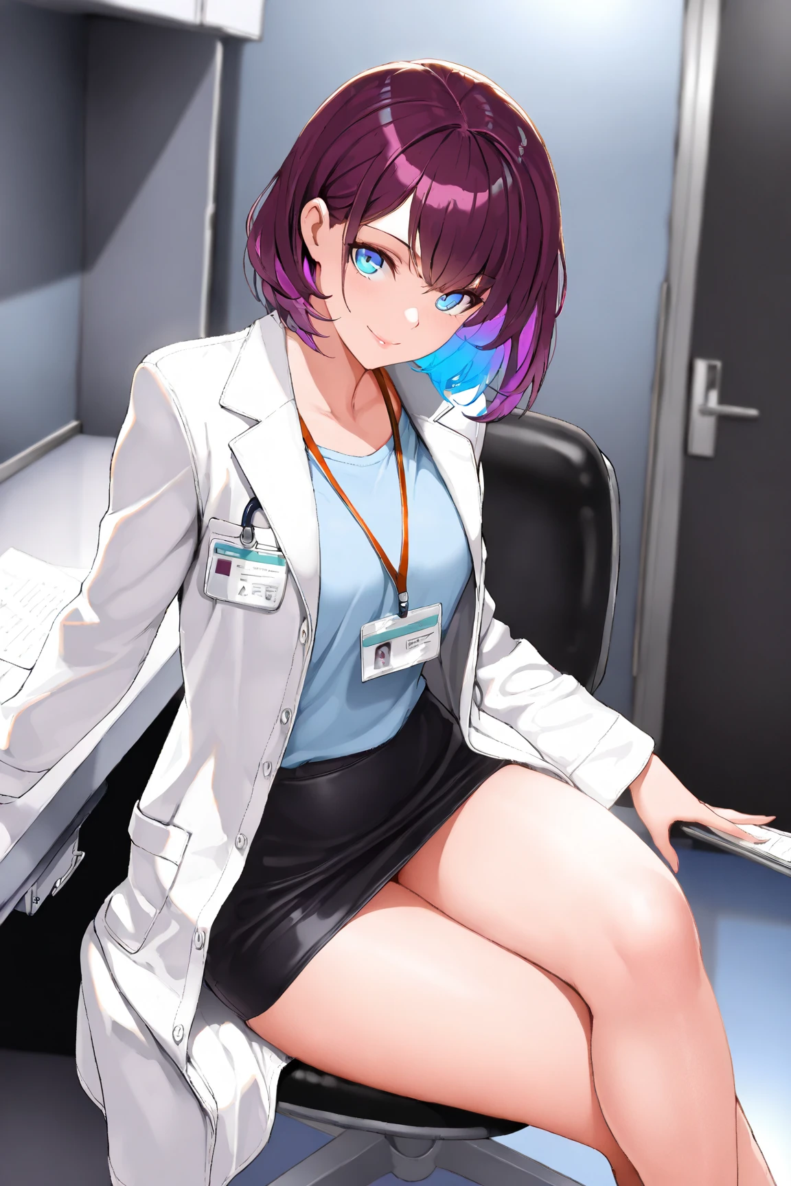 black hair, hair behind ear, straight hair, kamina shades, mole under eye, Social realism, ray tracing, cowboy shot, anatomically correct, textured skin, high details, high quality, best quality, super detail, 8k, Female doctor, white coat, hospital, Examination room, examining a patient, looking at a chart, (sitting cross-legged in a chair)