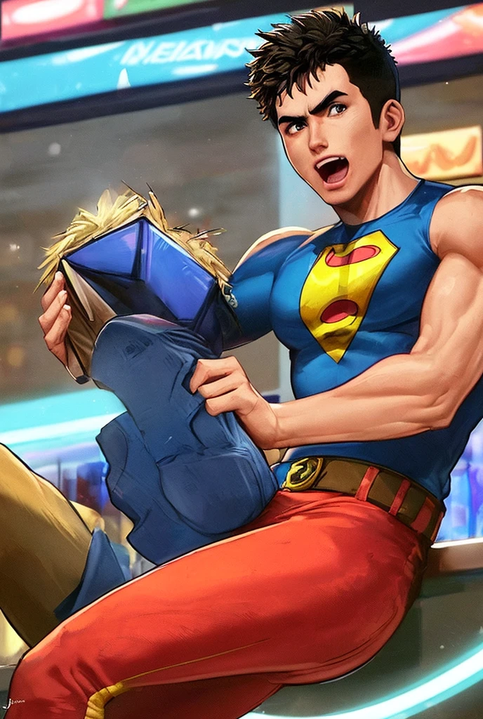 A young boy with devil-like wings is wearing a hero suit,Mouth wide open with expression of pain,Sweating and drooling profusely,Semen dripping from his huge erect penis,A strong, well-trained body like a bodybuilder,Having group sex with multiple Rockmen,A large amount of ,Orgy,self-sucking