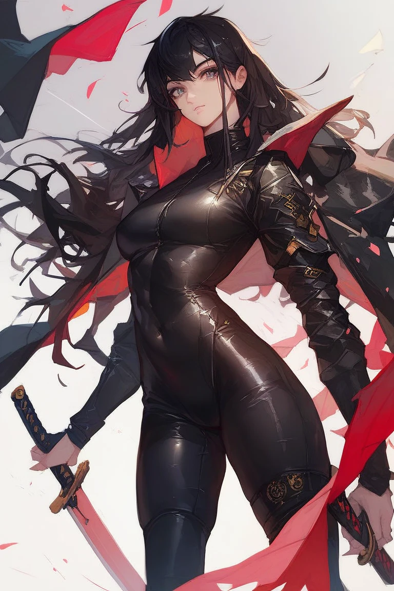 Young guy, long black hair, high ponytail, yellow eyes, red cape, black pants, silver elements, open chest, open belly, whip, Masterpiece, best quality, Full HD, 8k, ultra details, great graphic