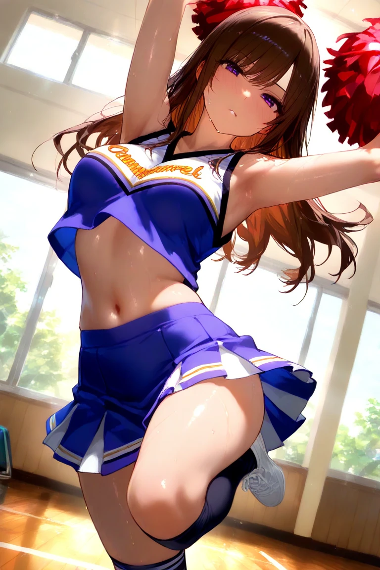 nsfw,(from back),((1man and 1woman,pov,having sex)),doggystyle,((perfect anatomy:1.4,realistic,:1.3,RAW Photography:1.3,masterpiece、highest quality、Ultra - High resolution、High resolution、Highly detailed CG、8K)),cowboy shot,1 female,solo,20 year old beauty,((beautiful detailed face and eyes,big gorgeous eyes,profile)),dark brown eyes,open mouth,drooling,((brown hair,long hair,forehead,center parted hair:1.2、straight hair)),(medium breasts,slender body,small head:1.4,skinny,tan skin:1.4,gleaming skin,oily skin,shiny skin,sweat:1.4), BREAK ,((Cheerleader,blue Cheerleader uniform,short sleeve、mini skirt、vagina,love juice:1.4,ass)),on all fours,spread legs:1.5, BREAK, Audience seats、arena、