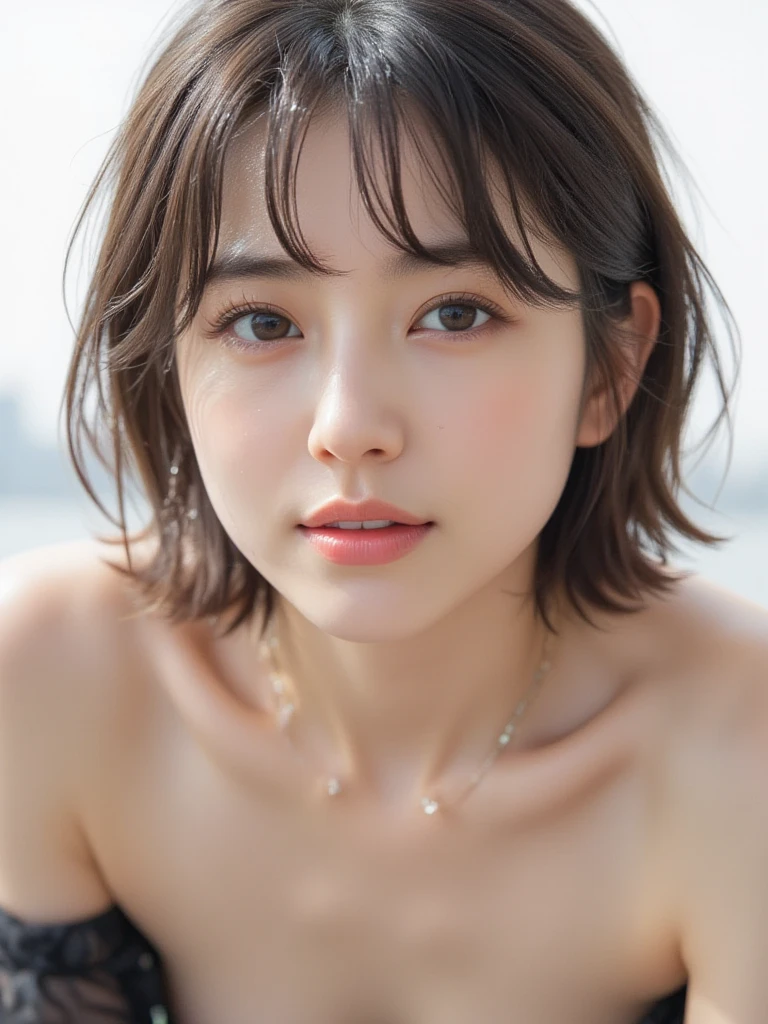 (Surreal), (shape), (High resolution), (8K), (Very detailed), (best shape), (Beautiful and beautiful eyes), (Highest quality), (Very detailed), (masterpiece), (wallpaper), (Detailed face), Solo 1 girl, Black Hair, short hair, towel, sauna, Wet, water, Wet clothes, bus, 熱water泉、((((Beautiful breasts like a work of art、Artistic chest、Artistic areola、Artistic nipples、Beautiful genitals like a work of art、A vivid depiction of private parts、Simple expression))))