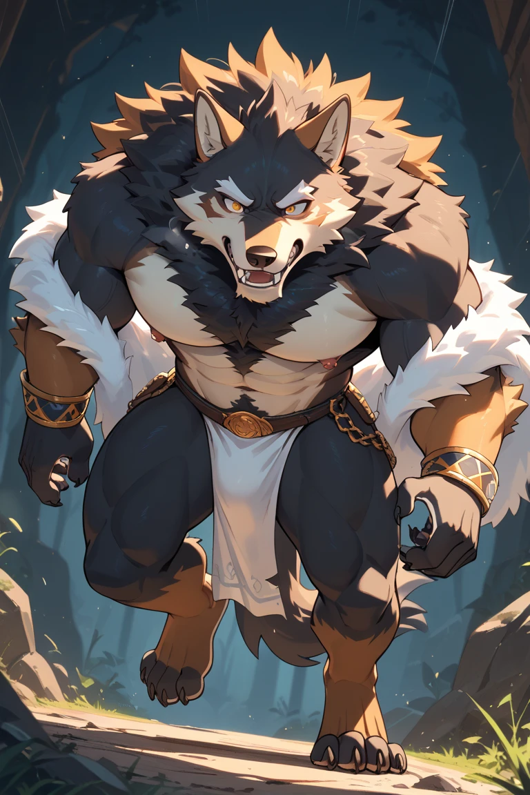 coyote, In partial shadows, Cape. 4K, high resolution, Best quality, perfect colors, perfectly shaded, Perfect lighting, posted on e621, hairy bodies,red striped,Youth stature, Solo, Male, Adult, Bare chest, Masculine, A heavy sword full of science and technology,Shabby white cloak(Very muscular, buff, Heavyweight, Strong chest:1.2), Correct anatomy, (Realistic fur, Detailed fur, Epic, Masterpiece:1.2), (Dark fantasy world background, Black sky, Night, Cold), (author:Taran Fidler, author:Xingyuan, author:Traver 009, author:World Football Federation:1.2), (Use a black fig leaf to cover your privacy:1.2), (Detailed eyes, Purple eye:1.2), (Half body:1.2), Serious face, Strong, (There are purple stripes on the body:1.1), (impulsive:1.2), Proud, Soft shadows, (Untie the loincloth,The loincloth is removed:1.1), Raised sexy, view the viewer, Messy fur, Speaking mouth,Viscous saliva,Low angle view