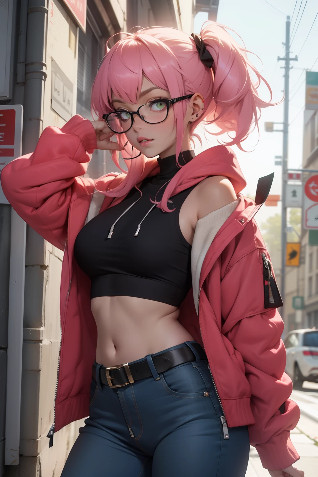 A photo of a young, nerdy woman. (looking at the viewer:1.5). short hair, slender, ((dark lips:1.3)), flirting with the camera. glasses. (goth makeup:1.2), goth jewelry, smiling. busy beautiful wide public park walkway, sunlight, (open pink hoodless hoodie:1.3), (comfy small pink booty shorts:1.3), (belly:1.3), sexy pose, bag strap