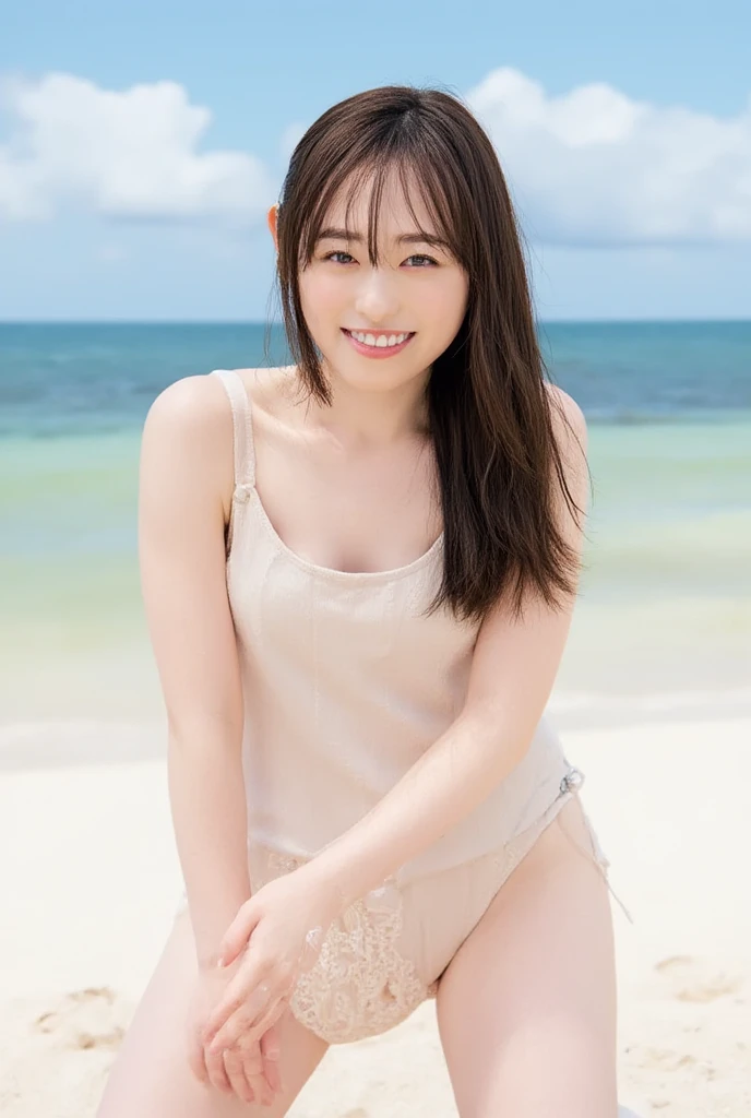 (((Multiple Angles:1.2)))、((Full body photo:1.3))、((Beautiful blue sea:1.2))、((White sand beach))、(cuteプロフィール)、(((All Nude:1.3)))、(Very detailed beautiful face of one young girl), Great look and best quality:1.4), (Super detailed), (8k wallpaper), Very detailed, High-resolution RAW color photos, Professional photography, Realistic portraits, Great face and eyes, Brown eyes, In 8K、Very detailed美しい女の子の詳細な顔、Very detailed目、Very detailed皮膚、Very detailed指、Very detailed鼻、Very detailed詳細な口、Perfect Anatomy、Detailed Background、1 beautiful girl、(16:1.2)、、cute、Realistic body、Model-like body、((Realistic beautiful girl))、White skin、Glowing Skin、((Beautiful black hair))、((A happy smile:1.2))、cute顔、A vivid face、Delicate eyes、((play nude on the beach:1.3)), 16 years old((Pale pink nipples))、((Small nipples.)), Depth of written boundary, Full Shot、(Beautiful Face:1.5)、(Nothing worn)、((Large Breasts)),Slightly sagging breasts