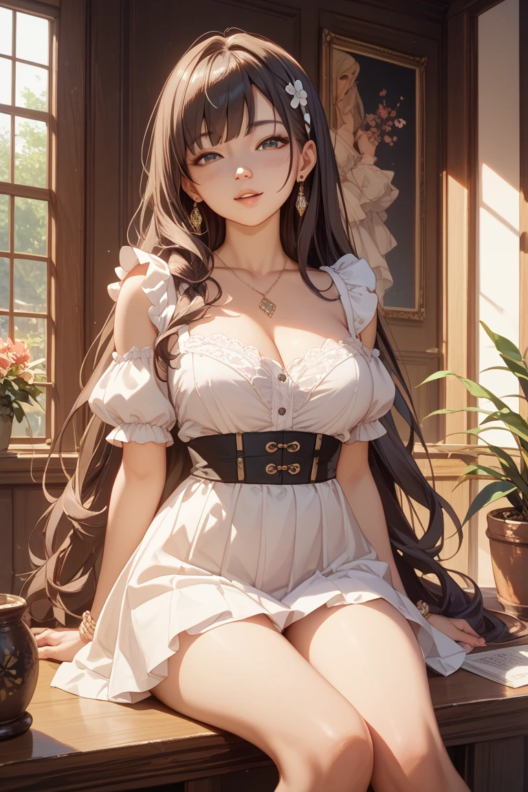1lady, solo, mature female, long brown hair, parted bangs, brown eyes, (masterpiece, best quality:1.2) delicate illustration, ultra-detailed, kind smile, blush, (huge breasts), cleavage, upper body, necklace, ((elegant dress)), bare arms, castle behind, sunny day