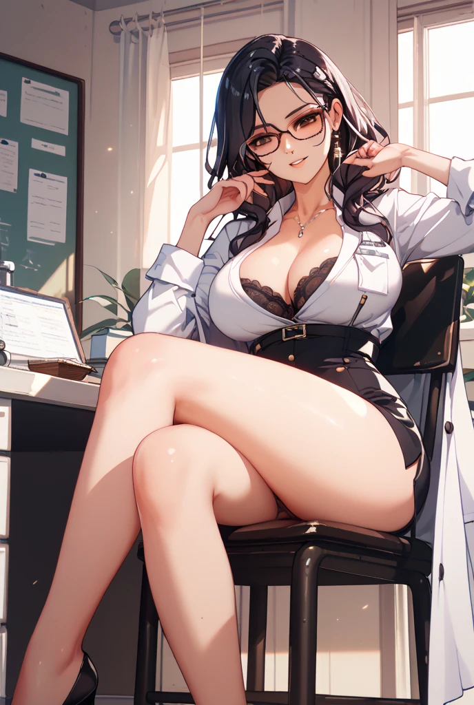 (Night:1.7),   in a room with a spaceship in the background
sitting at attention,sitting on chair,white_Long_coat,(Opened_clothes),no_bra,(Black_ panties), 
jewelry,midriff,gem,circlet,earrings,necklace,
brown_hair,brown_eyes,Very_long_hair,glasses,lipstick,makeup,red_lips,
1 girl, 20yo,mature female,Beautiful Finger,Beautiful long legs,Beautiful body,Beautiful Nose,Beautiful character design, perfect eyes, perfect face,
looking at viewer,
NSFW,official art,extremely detailed CG unity 8k wallpaper, perfect lighting,Colorful, Bright_Front_face_Lighting,
(masterpiece:1.0),(best_quality:1.0), ultra high res,4K,ultra-detailed,
photography, 8K, HDR, highres, absurdres:1.2, Kodak portra 400, film grain, blurry background, bokeh:1.2, lens flare, (vibrant_color:1.2)
(Beautiful,large_Breasts:1.4), (beautiful_face:1.5),(narrow_waist),