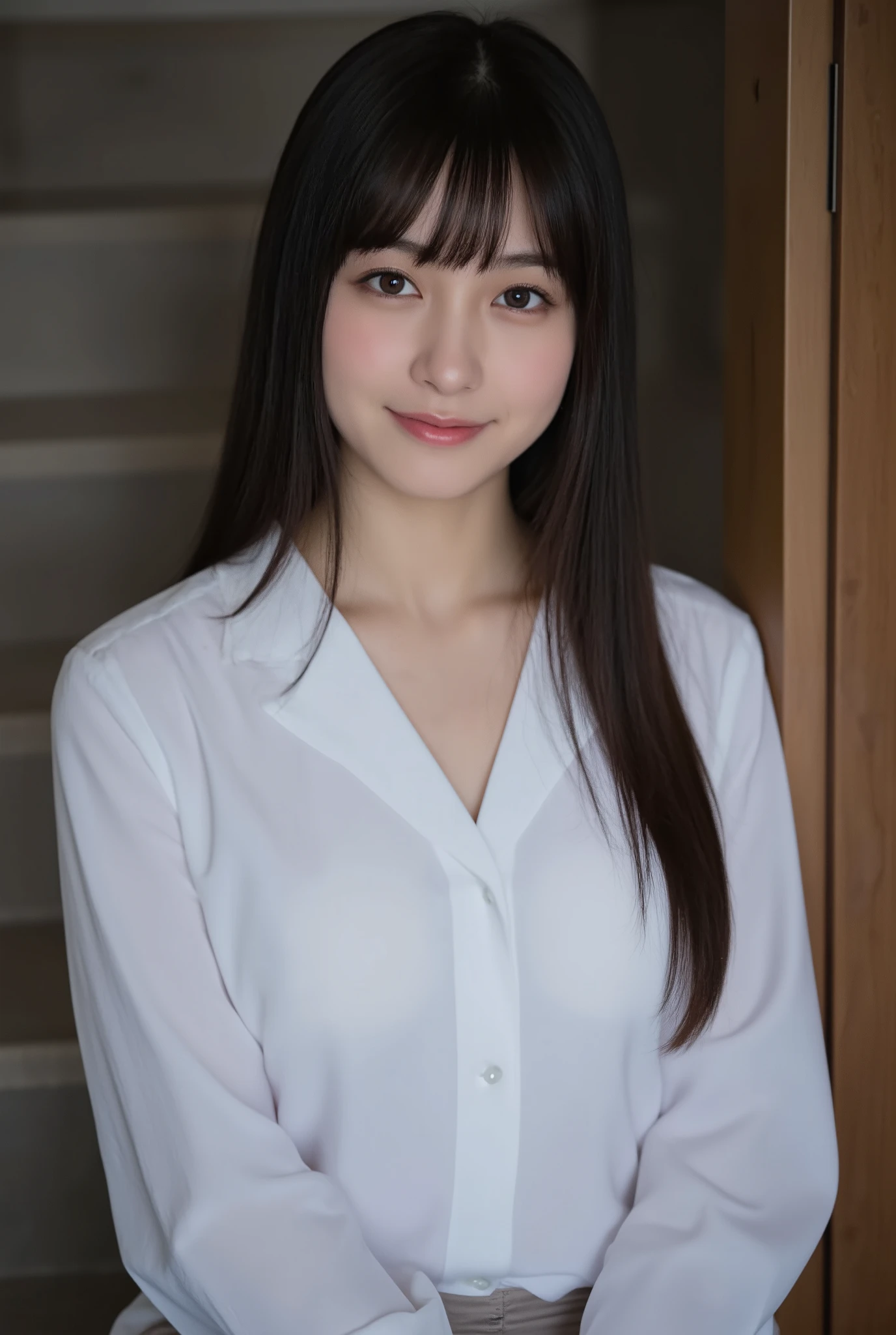 (mature adult woman wearing a leotard1By people),beautiful black hair,With bangs,(((super straight hair))),((long hair)), realistic person images in dark waters,Realism,best quality,mastepeice,top quality,Max Video Quality,highest resolution,FINE DETAILS,Beautiful detailed face,black eyes,((realistic skin)),detailed background,( Exact Upper Body),(perfect upper body),(upper body),((Realismのある肌)),(smiles),((((super big )))),((((She is wearing a white shirt and is wearing)))),(((((is sitting on the stairs in a typical house))),((((Large breasts))),(((((that looks at me close to))))),(((((interior))))),(((((is sitting on the stairs in a typical house))))),(((large size breasts))),(((((Inside the house))))),((((highlight your upper body near the cherry blossom tree)))),
