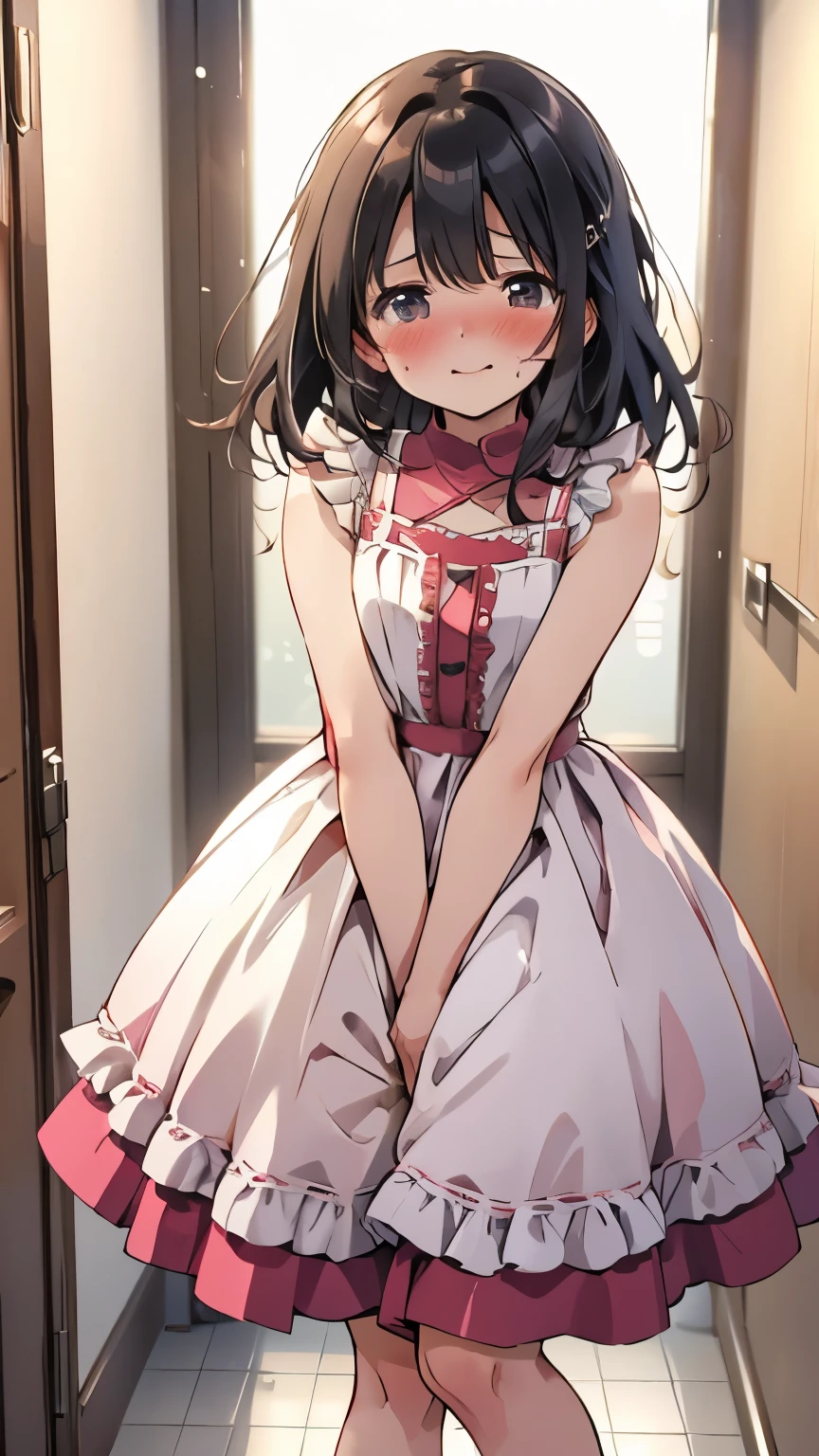 (8K, ultra-detailed, best quality, anatomically perfect body:1.5), (small breast:1.2), shiny skin, (1 girl), (have to pee:1.1), (urge to pee:1.2), (peeing self), (very desperate to pee:1.3), (takes to bathroom), (waiting for bathroom with line), (standing), (Each one has a different blouse), (Each one has a different red maxi Lolita dress:1.4), petticoat, (Each one has a different short boots:1.1), (Each one has a different hair), (knees together and feet apart:1.4), (Rub each other's knees:1.2), (leaning forward:1.3), (hand between legs), (holding the crotch:1.5), (orgasm:1.5), (blush:1.2), (embarrassment:1.1), (impatience:1.4), (flustered:1.2), (fidgeting around:1.5), foot stomping, flowing sweat, (erotic waist swing:1.3), (panting), (breathless:1.4), Erotic feelings, (close eyes, closed mouth:0.9), (orgasm), (looking away:1.2), from side, low_angle_human, (upskirt:1.2), nsfw