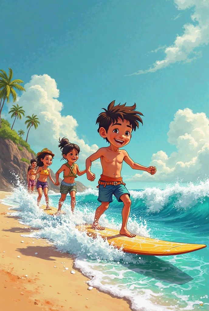 A Disney image containing a tall, skinny, dark-skinned surfer accompanied by a short, Peruvian-featured surfer with a surfboard that says pampilla