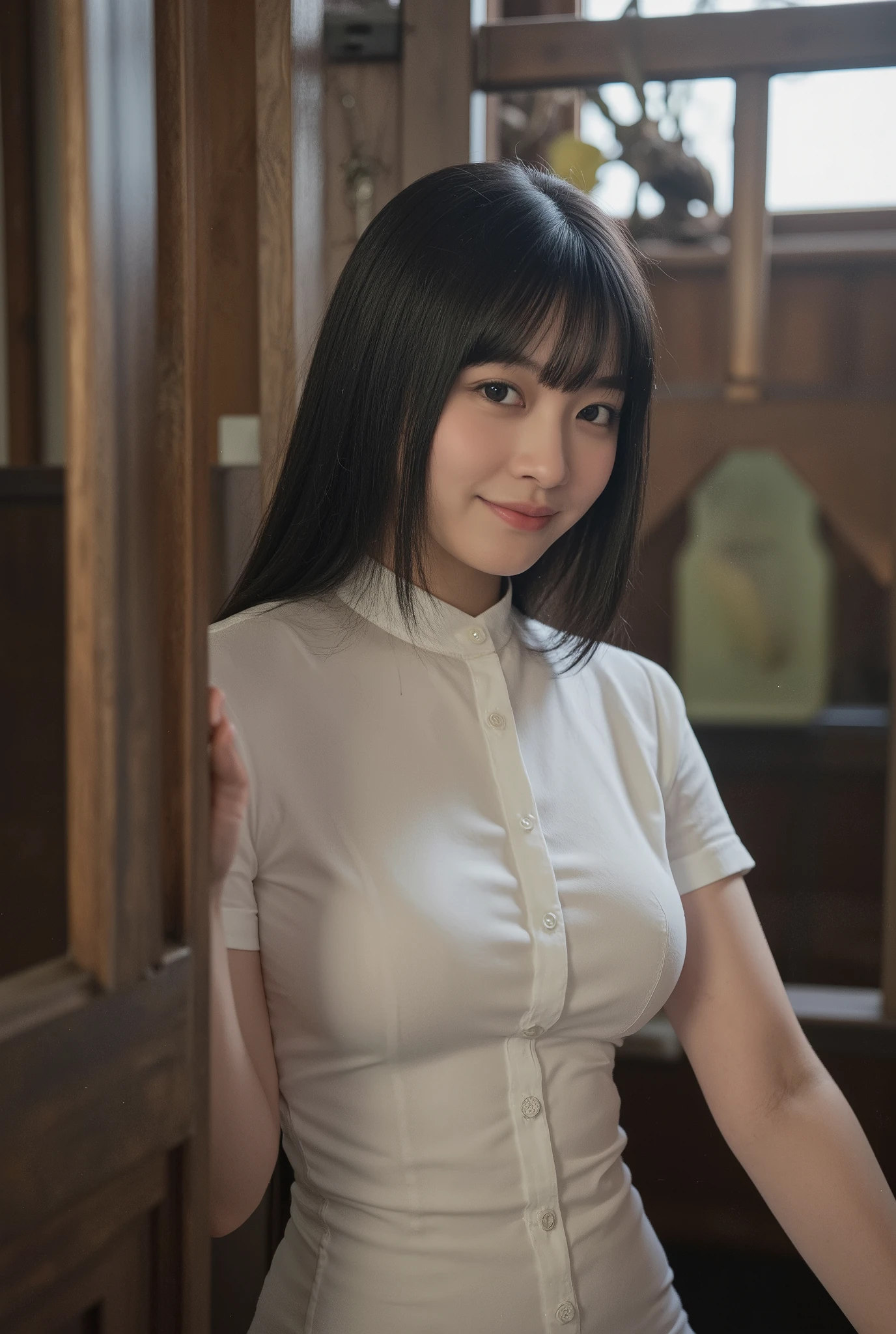 (mature adult woman wearing a leotard1By people),beautiful black hair,With bangs,(((super straight hair))),((long hair)), realistic person images in dark waters,Realism,best quality,mastepeice,top quality,Max Video Quality,highest resolution,FINE DETAILS,Beautiful detailed face,black eyes,((realistic skin)),detailed background,( Exact Upper Body),(perfect upper body),(upper body),((Realismのある肌)),(smiles),((((super big )))),((((She is wearing a white shirt and is wearing)))),(((((is sitting on the stairs in a typical house))),((((Large breasts))),(((((that looks at me close to))))),(((((interior))))),(((((is sitting on the stairs in a typical house))))),(((large size breasts))),(((((Inside the house))))),((((highlight your upper body near the cherry blossom tree)))),