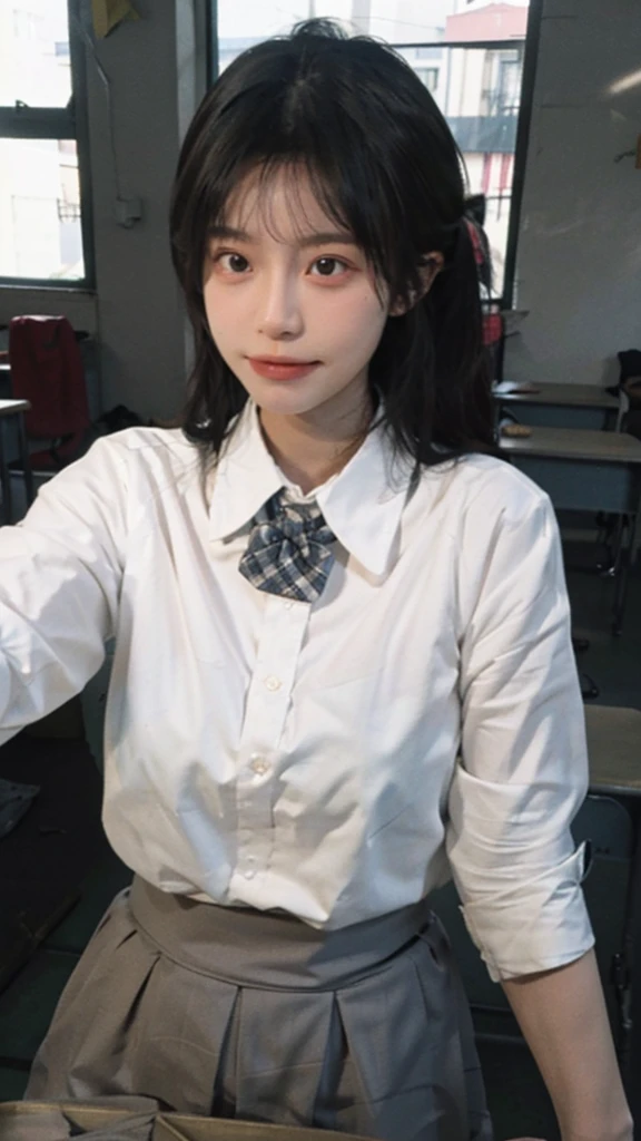 best qualtiy, 超高分辨率, (realisticlying:1.4), 1girll,Pretty woman with slender figure:1.4,18 female high school students are sexy,White skin,二重まぶた,Delicate eyes,white short blouse,Pink bow tie,Pink pleated skirt,White thin stockings,Being in the room,sitting on a white bed,Look forward charmingly,Black hair half in front,Half in the back,Pose on the bed in a short skirt and shirt,JK school uniform,short- sleeved,tiedshirt